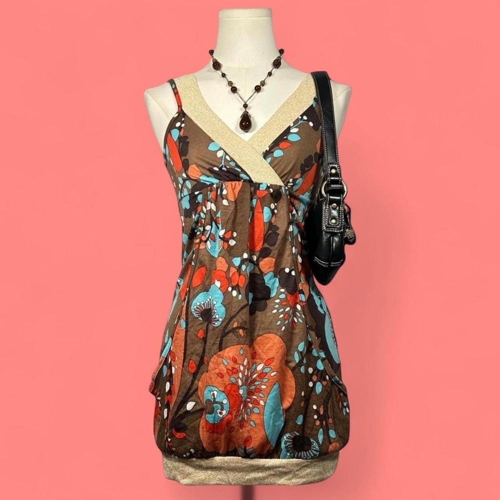 Y2K Multicolor Floral Mini Dress Gold Trim Pockets Womens S Fairycore Boho